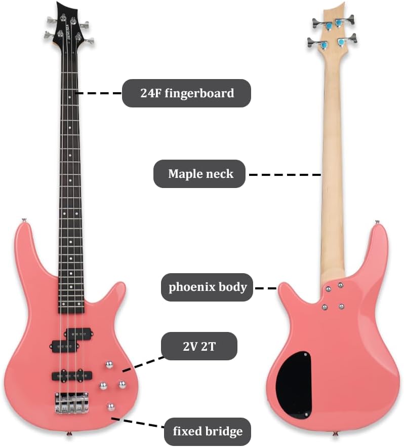 demusea electric bass guitar full size standard 4strings glossy pink 34inch scale length 24frets maple neck phoenix body fixed bridge 2V 2T control for beginner starter practice party show(PINK-YIB30) - Image 2